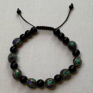Handcrafted Beaded Bracelet with Black Onyx, Turquoise and Lapis Inlay Beads